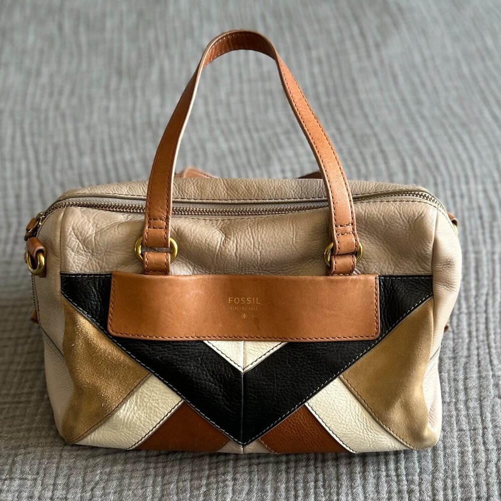 Fossil Geometric Leather Satchel in Tan and Black